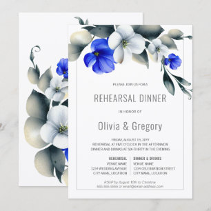 Elegant Royal Blue White Floral Rehearsal Dinner Invitation