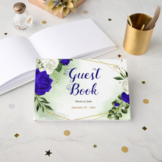elegant royal blue white flowers geometric wedding guest book (Front Open)