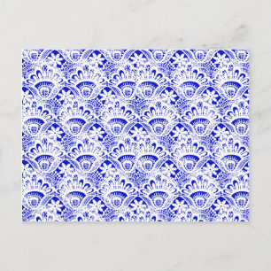 Elegant Royal Blue White Lace Damask Pattern Postcard