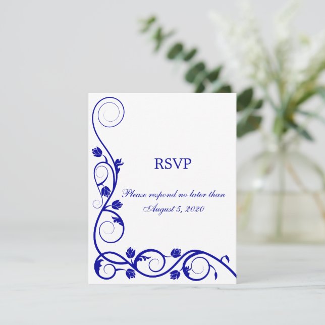 Elegant Royal Blue White Swirls RSVP / Reply Card (Standing Front)