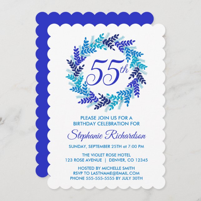 Elegant Royal Blue Wreath 55th Birthday Party Invitation (Front/Back)