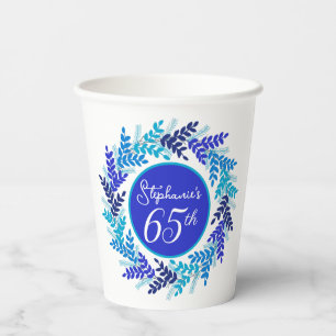 Elegant Royal Blue Wreath 65th Birthday Party Paper Cups