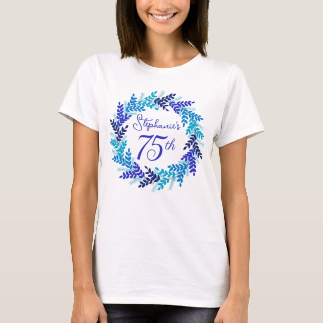 Elegant Royal Blue Wreath Monogram 75th Birthday T-Shirt (Front)
