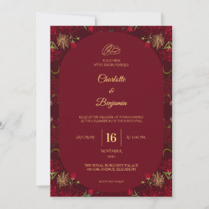 Elegant Royal Burgundy Gold Rings Wedding  Invitation