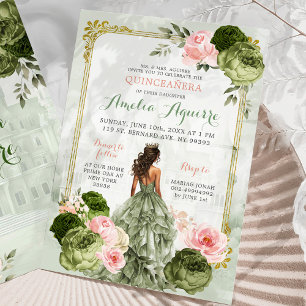 Elegant Royal Castle Blush Pink Sage Green 15 Años Invitation