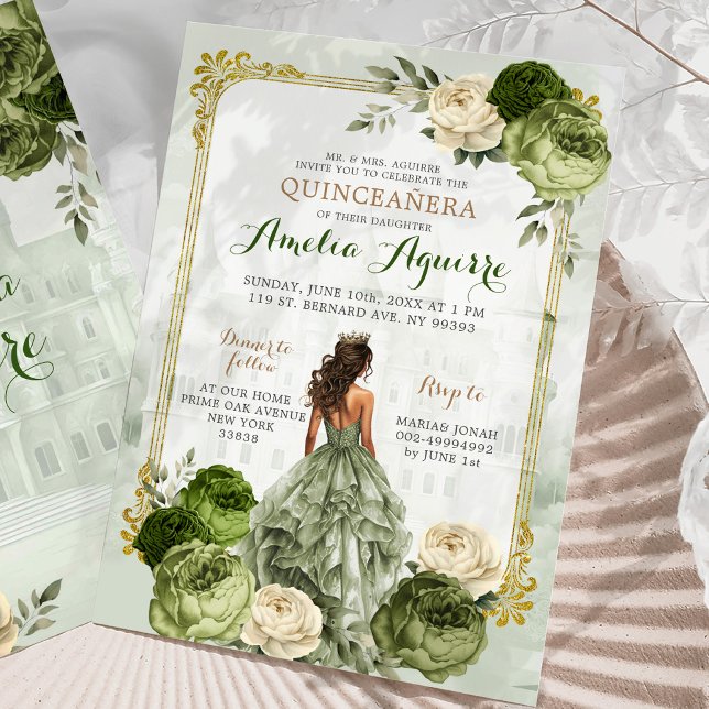 Elegant Royal Castle Gold Sage Green Quinceañera Invitation (Creator Uploaded)