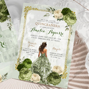 Elegant Royal Castle Gold Sage Green Quinceañera Invitation