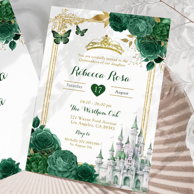 Elegant Royal Castle Green Floral Quinceañera Invitation (Creator Uploaded)