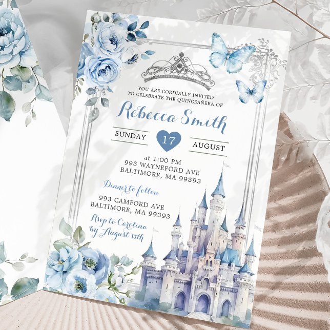 Elegant Royal Castle Silver Dusty Blue Quinceañera Invitation (Creator Uploaded)