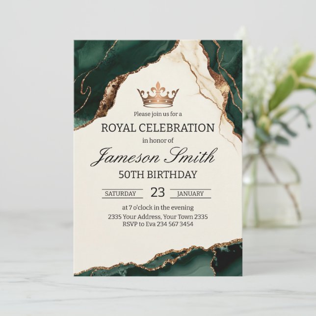 Elegant Royal Celebration Green And Gold Birthday Invitation (Standing Front)