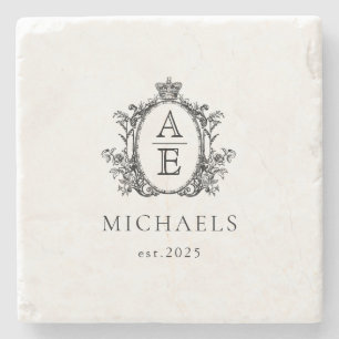 Elegant, Royal Crest Monogram Black and White Stone Coaster