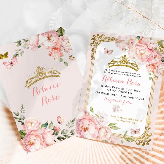 Elegant Royal Crown Blush Pink Gold Quinceañera Invitation (Creator Uploaded)