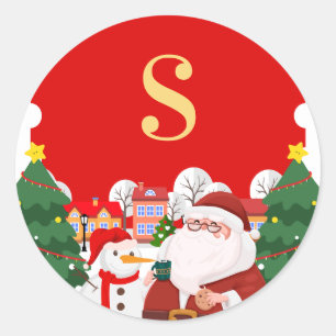 Elegant Royal Cute Santa Christmas Monogram Classic Round Sticker