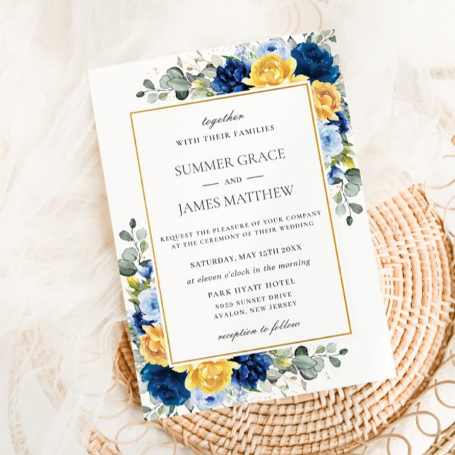 Elegant Royal Dusty Blue Yellow Floral Wedding Invitation (Creator Uploaded)