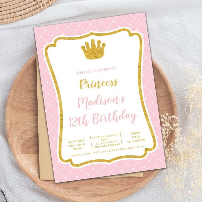 Elegant Royal Frame Party Card for Girls (Pink Fram Crown Princess Cards)