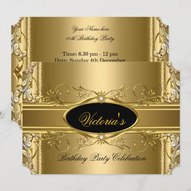 Elegant Royal Gold Black Birthday Party Floral Invitation (Front/Back)