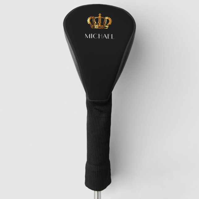 Elegant Royal Gold Crown Name Black Golf Head Cover (Front)