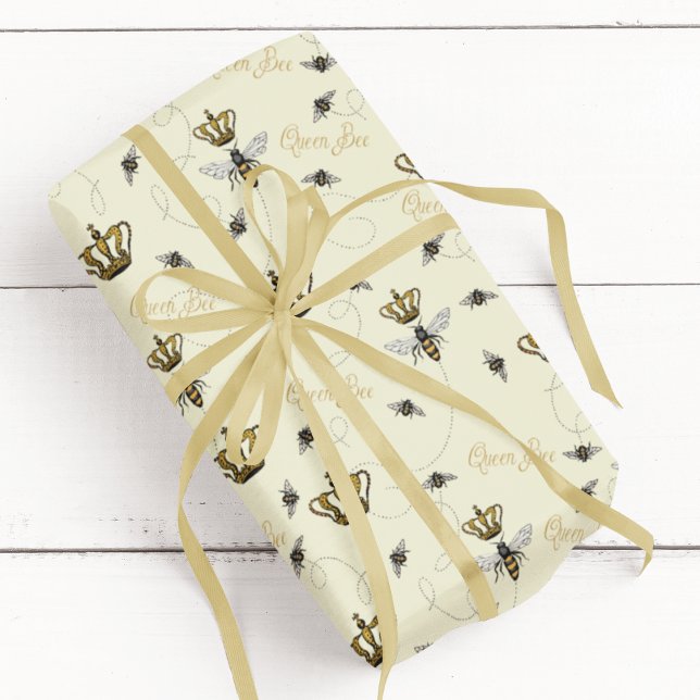 Elegant Royal Gold Crown Queen Bee  Wrapping Paper (Elegant Yellow Queen Bee Pattern. Queen Bee, Gold Crown & Buzzing Bees Drawing. Queen Bee Typography)