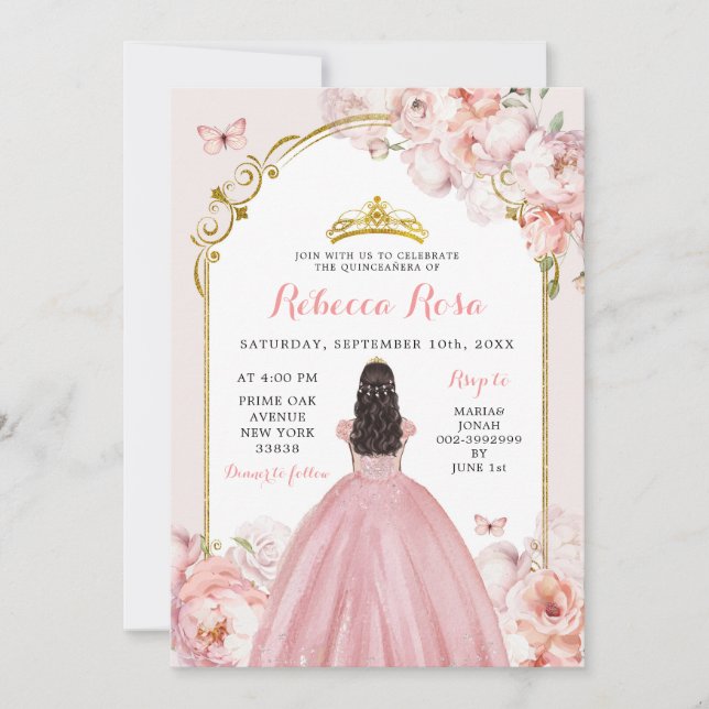Elegant Royal Gold Dusty Rose Princess Quinceañera Invitation (Front)