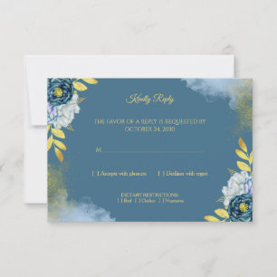 Elegant Royal Navy Blue Gold Floral RSVP Card