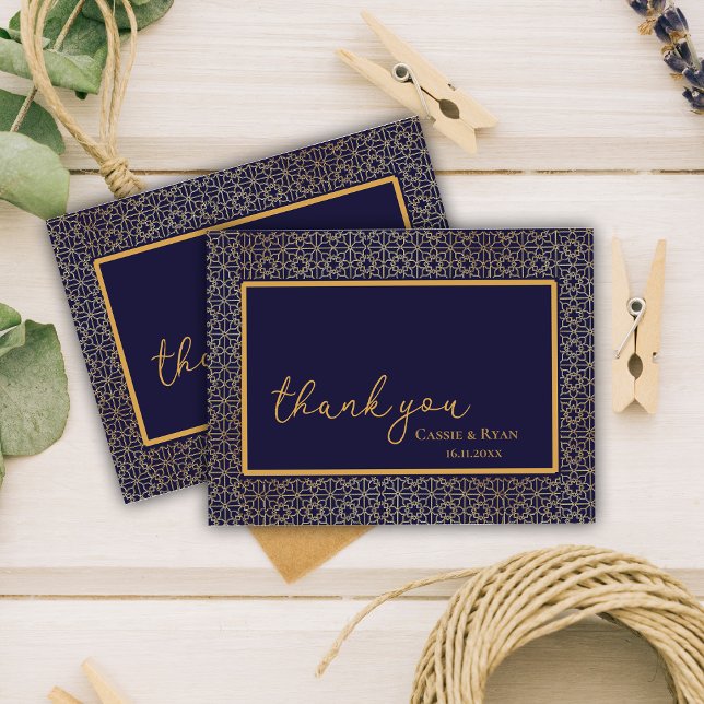 Elegant Royal Navy Gold Design Wedding Thank you Postcard (Elegant Royal Navy Gold Design Wedding Thank you Postcard)