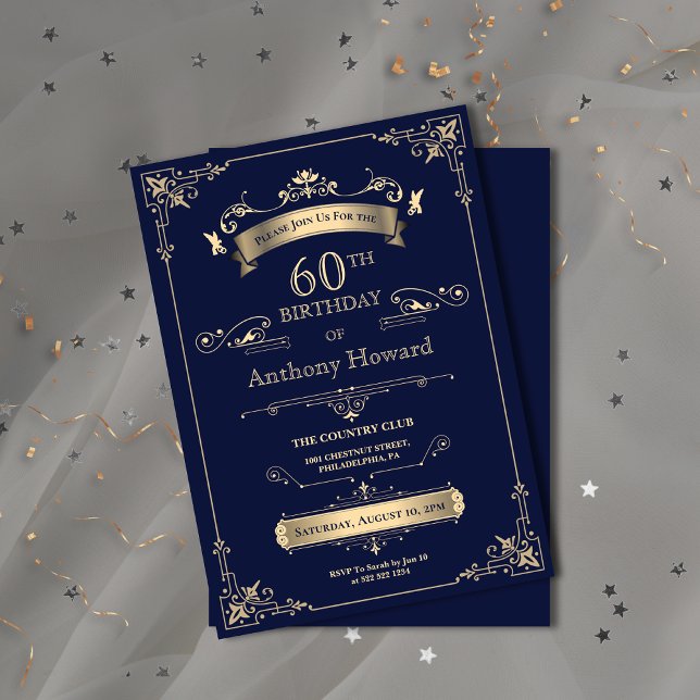 Elegant Royal Navy Gold Milestone Age Birthday Invitation (Elegant Royal Navy Gold Milestone Age Birthday Invitation)