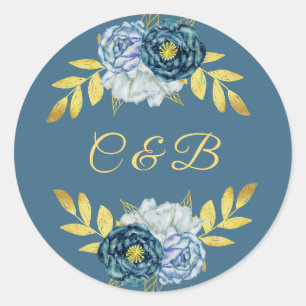 Elegant Royal Navy Gold Monogram Favour Sticker