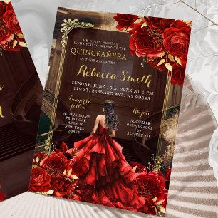 Elegant Royal Palace Bright Red Roses Quinceañera Invitation