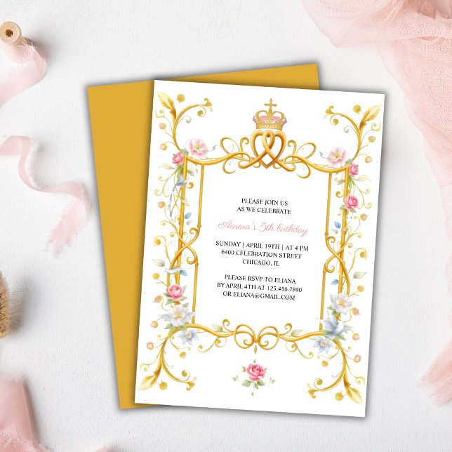 Elegant Royal Princess Girl 5th Birthday Party Invitation (Elegant Royal Princess Girl 5th Birthday Party Invitation)