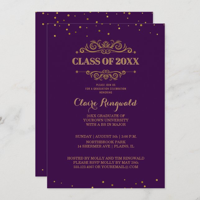 Elegant Royal Purple Gold 2018 Graduation Party Invitation (Front/Back)