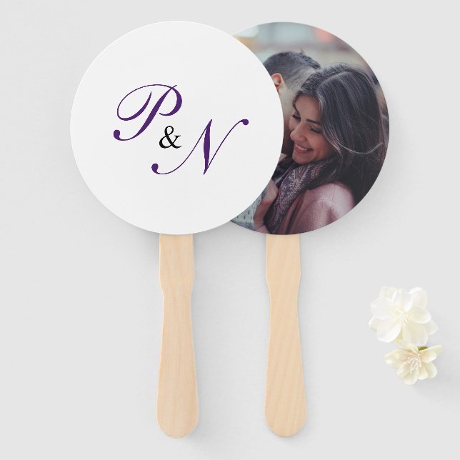 Elegant Royal Purple Monogram Wedding Photo Hand Fan (Front and Back)