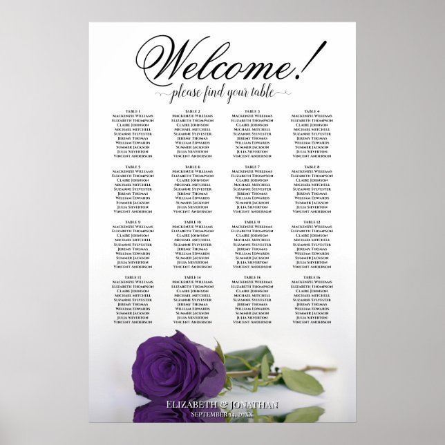 Elegant Royal Purple Rose 16 Table Seating Chart (Front)