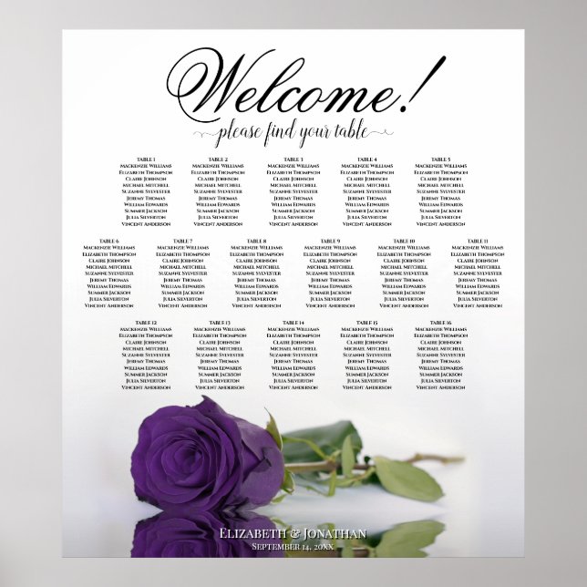 Elegant Royal Purple Rose 16 Table Seating Chart (Front)