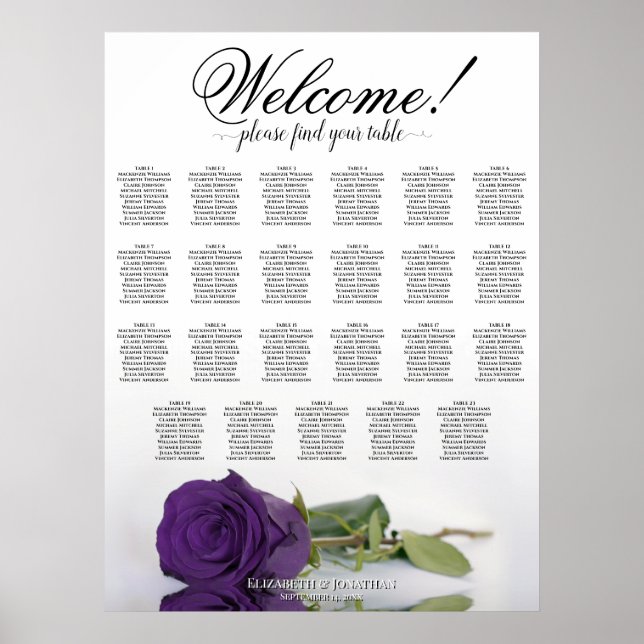 Elegant Royal Purple Rose 23 Table Seating Chart (Front)