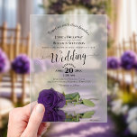 Elegant Royal Purple Rose Lacy Calligraphy Wedding Acrylic Invitations<br><div class="desc">These beautiful acrylic wedding invitations feature a design that is elegant, classy, romantic, stylish, and glam with a single long-stemmed royal purple coloured rose lying on its side mirrored in a pool of water. The text is written in fancy script calligraphy with delicate curls and swashes on the ends of...</div>