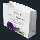 Elegant Royal Purple Rose Maid of Honour Wedding Large Gift Bag<br><div class="desc">These beautiful gift bags are designed as a wedding gift or favour bag for your Maid of Honour. They feature a simple yet stunning design with a long stemmed deep royal purple coloured rose lying on its side. The title "Maid of Honour" written in fancy script letters with swashes on...</div>