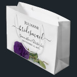 Elegant Royal Purple Rose Posh Bridesmaid Wedding Large Gift Bag<br><div class="desc">These beautiful gift bags are designed as a wedding gift or favour bag for your Bridesmaids. They feature a simple yet stunning design with a long stemmed deep royal purple coloured rose lying on its side. The title "Bridesmaid" written in fancy script letters with swashes on the ends. There is...</div>