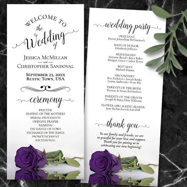 Elegant Royal Purple Rose Romantic Wedding Programme (Front and Back)
