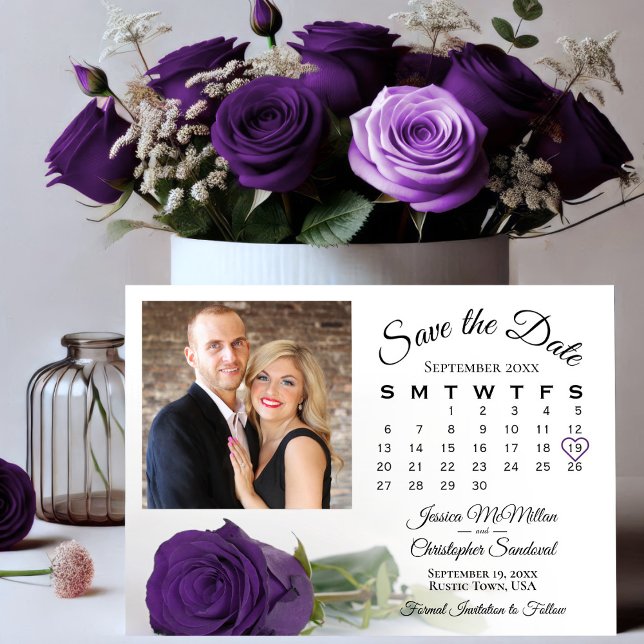 Elegant Royal Purple Rose Wedding Calendar & Photo Save The Date (Creator Uploaded)
