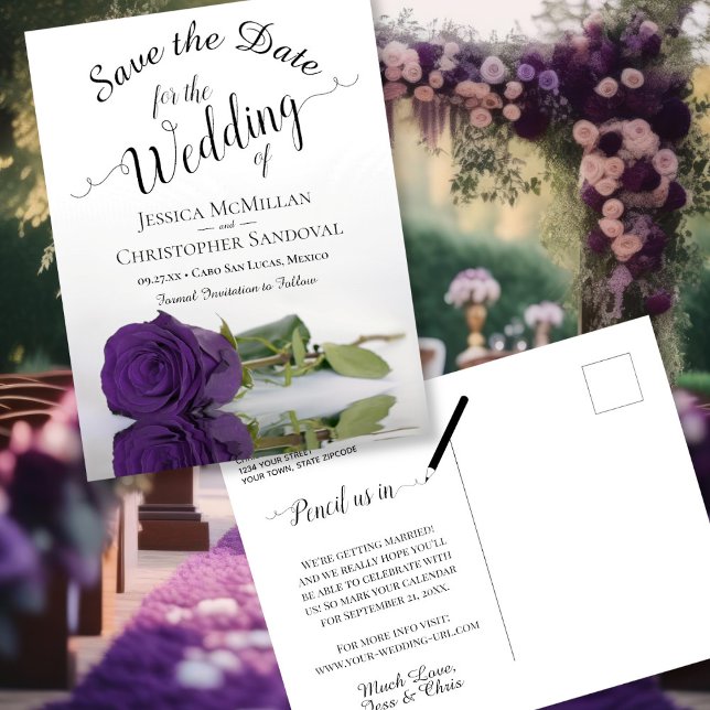 Elegant Royal Purple Rose Wedding Save the Date Announcement Postcard (Front/Back)