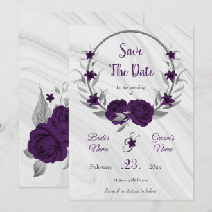 elegant royal purple silver grey floral wreath save the date