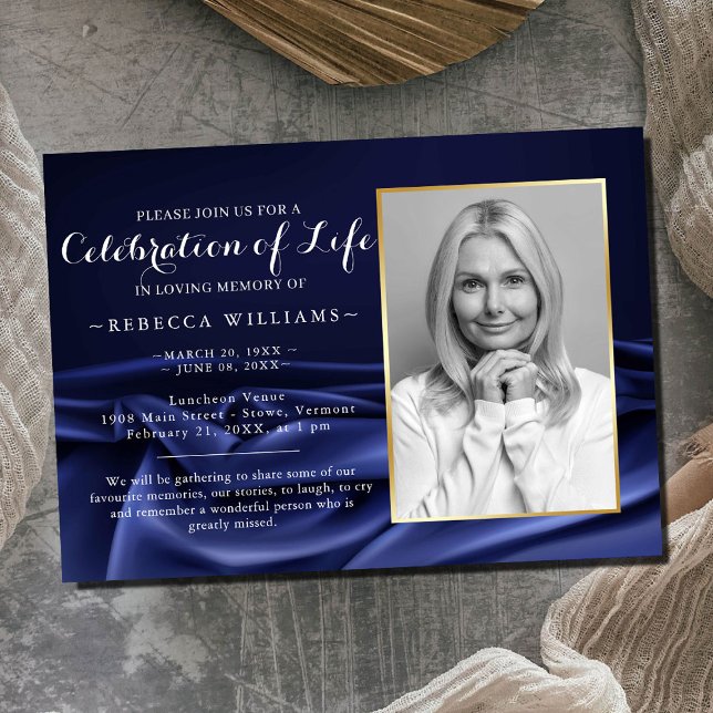 Elegant Royal Silk Navy Photo Celebration of life  Invitation (Creator Uploaded)