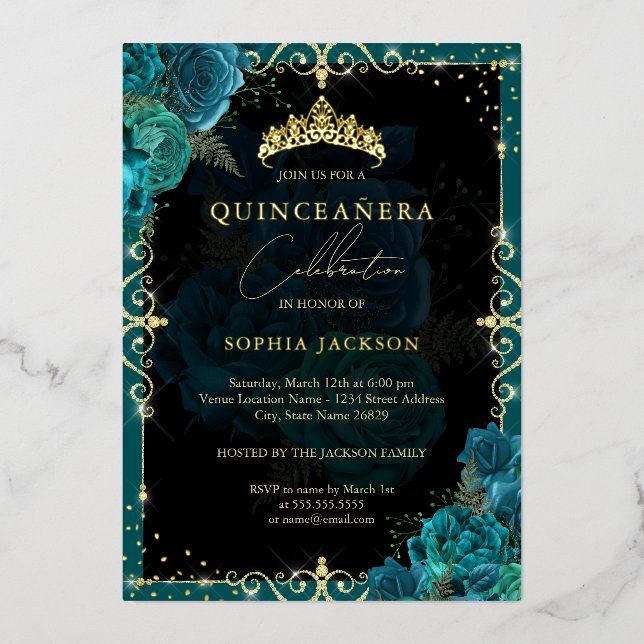 Elegant Royal Teal Gold Rose Quinceanera (Front)