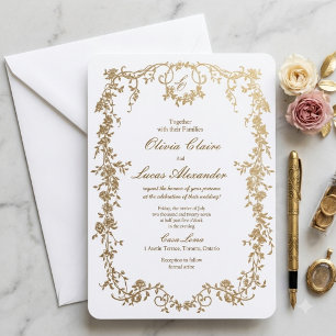 Elegant Royal White and Gold Floral Wedding Invitation