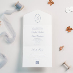 Elegant RSVP Calligraphy Dusty Blue QR Code All In One Invitation