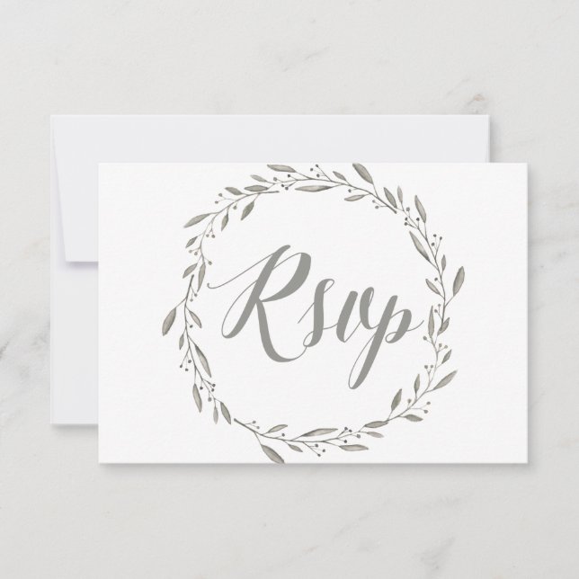 Elegant RSVP Cards For Wedding With Grey Wreath (Front)
