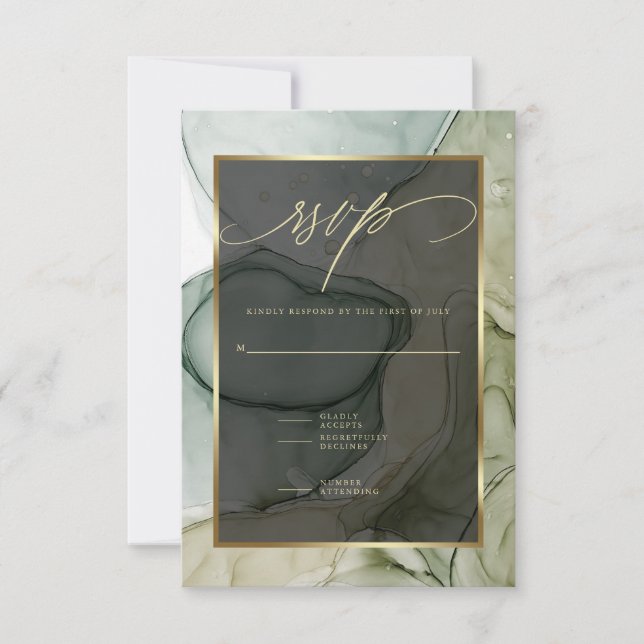 Elegant RSVP Deep Forest Drab Green Marbled Ink  Card (Front)