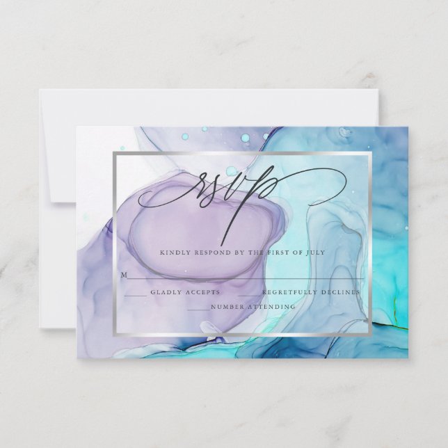 Elegant RSVP Marbled Ink  Vibrant Aqua Violet Card (Front)