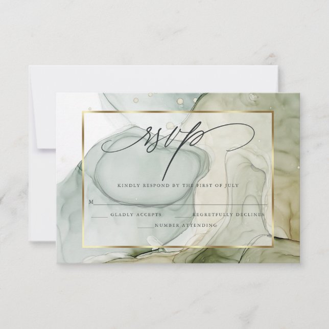 Elegant RSVP Marbled Vibrant Greens and Golds  (Front)
