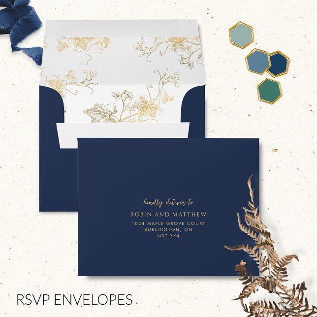 Elegant RSVP Navy Blue with Gilded Floral Envelope (Creator Uploaded)